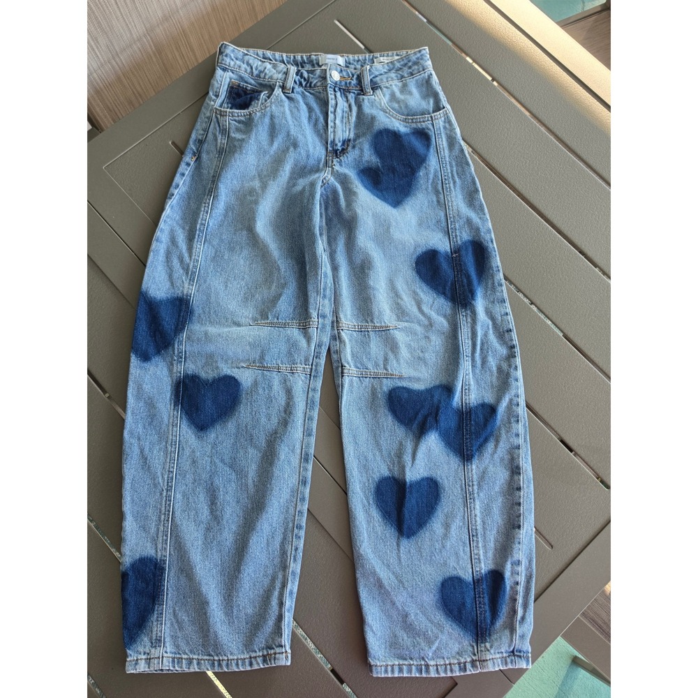 Forever 21 Heart Print Barrel Fit Jeans Light Wash Wide Leg Size 25